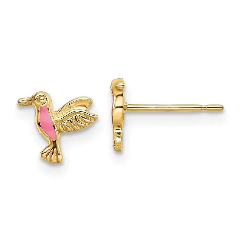 Curata 14k Yellow Gold Pink Enamel Hummingbird Post Earrings - 7x8mm