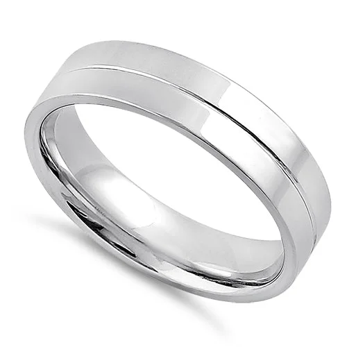 Sterling Silver Center Line Flat Wedding Band