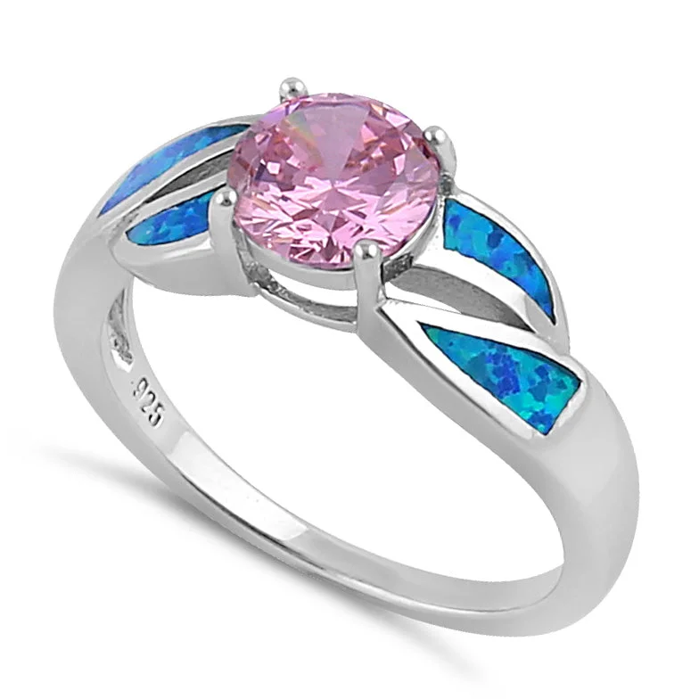 Sterling Silver Lab Opal Round Pink CZ Ring