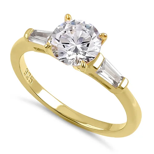 Sterling Silver Gold Plated Round and Baguette Cut Clear CZ Ring