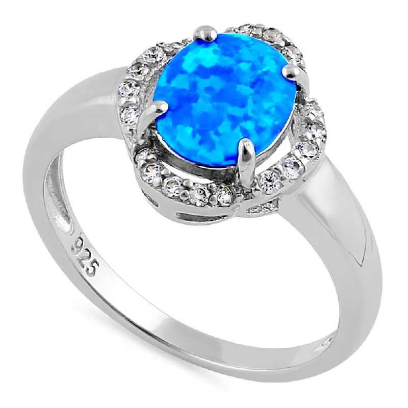 Sterling Silver Elegant Blue Lab Opal Oval Flower Halo CZ Ring