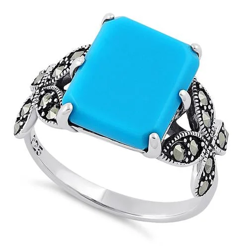 Sterling Silver Simulated Turquoise Square Butterfly Marcasite Ring