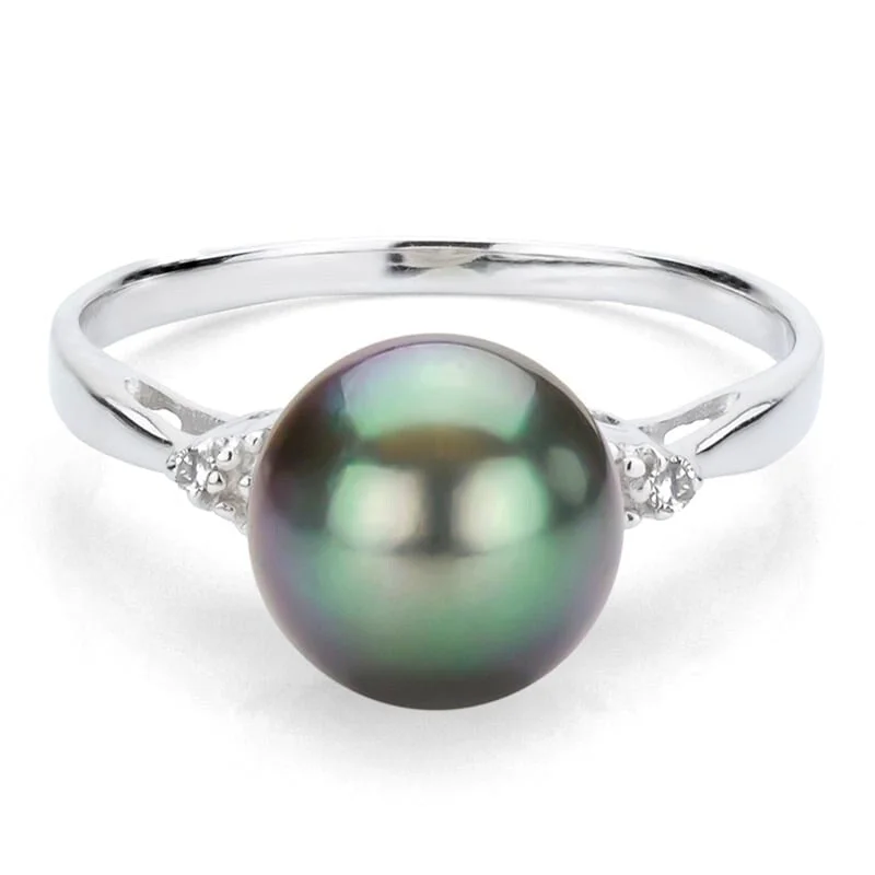 DaVonna Sterling Silver 9-9.5 mm Tahitian Pearl and 1/10ct Diamond Ring - Black