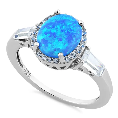 Sterling Silver Oval Blue Lab Opal CZ Ring