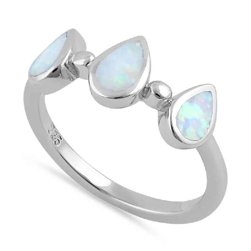 Sterling Silver White Lab Opal Pear Droplets Ring