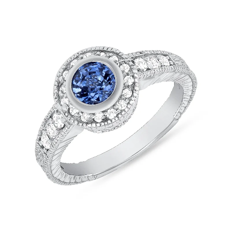 0.8 ct Blue Sapphire and Diamond Ring in 14k White Gold