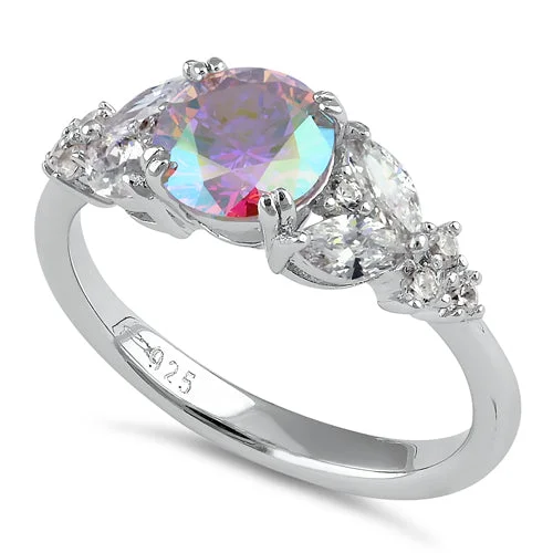 Sterling Silver Elegant Round Iridescent Rainbow CZ Ring