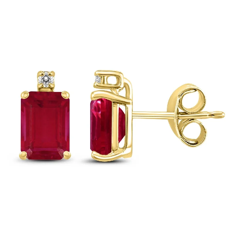 Marquee 14K Yellow Gold 5x3MM Emerald Shaped Ruby and Diamond Earrings