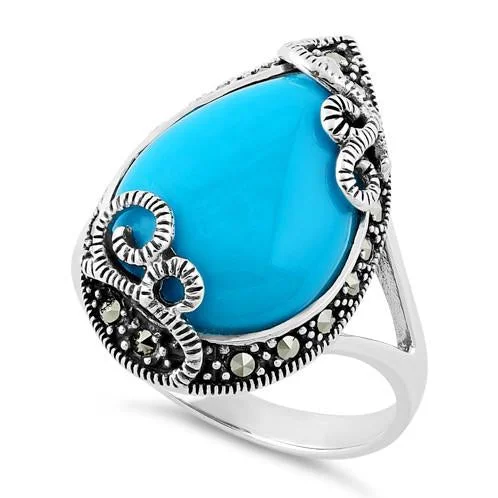 Sterling Silver Pear Shape Simulated Turquoise Marcasite Ring