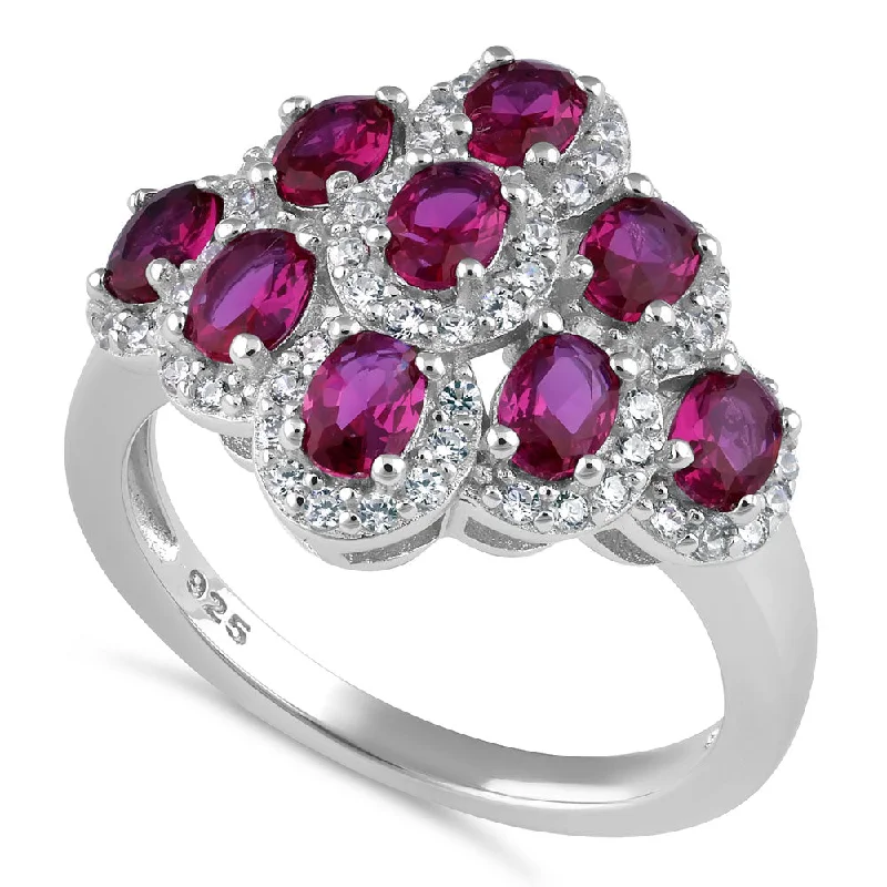 Sterling Silver Oval Red CZ Cluster Ring