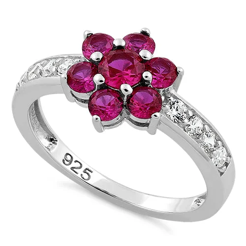 Sterling Silver Ruby Plumeria Flower CZ Ring