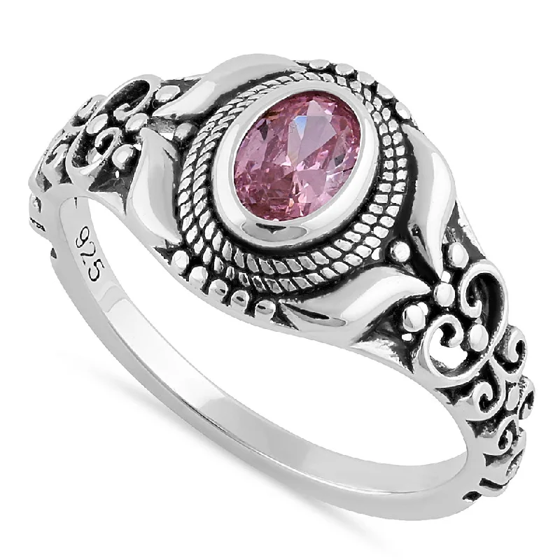 Sterling Silver Austere Oval Cut Pink CZ Ring