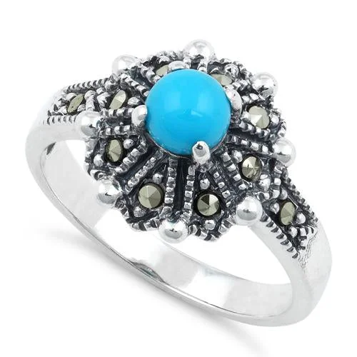 Sterling Silver Round Simulated Turquoise Flower Marcasite Ring