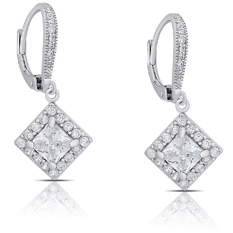 Dolce Giavonna Sterling Silver Cubic Zirconia Diamond-Shaped Dangle Earrings