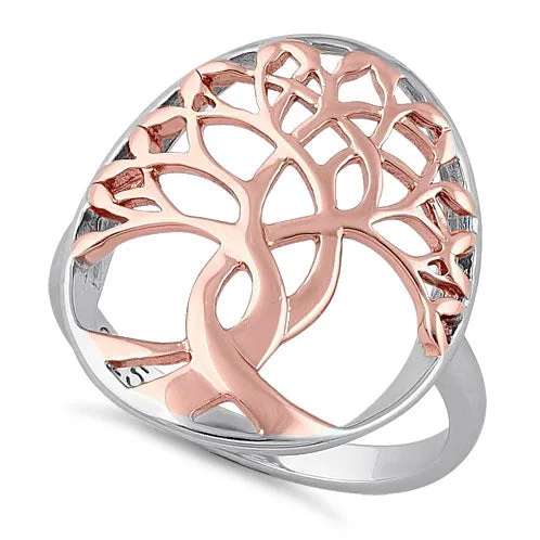 Sterling Silver Two Tone Rose Gold Plated Tree of Life Ring