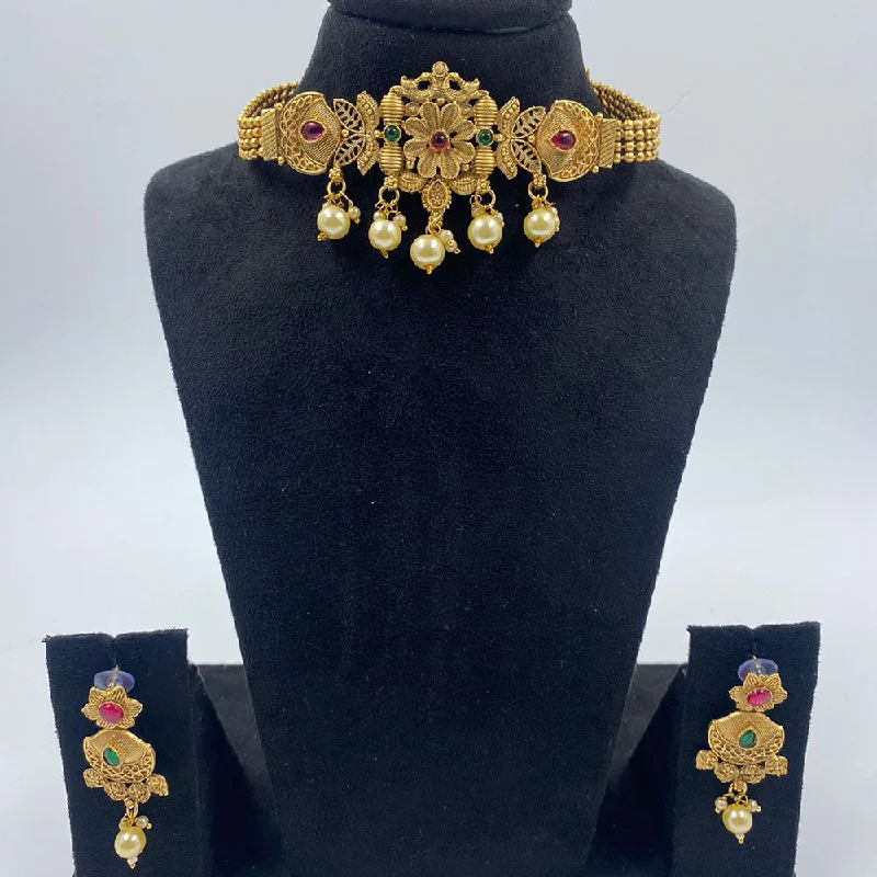 The Fashion Jewels Gold Plated Pota Stone And Pearl Choker Necklace Set