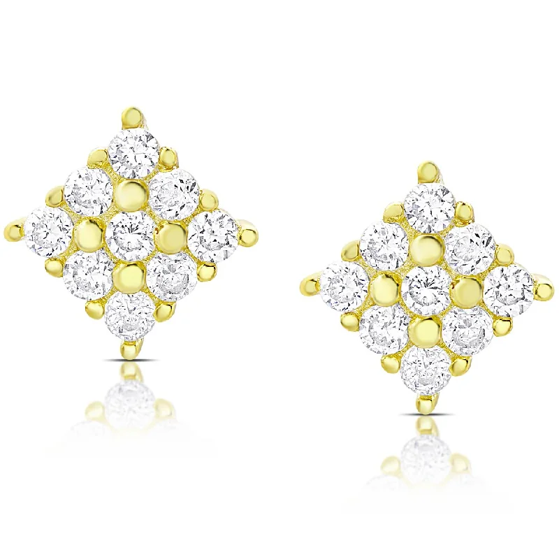 Dolce Giavonna Gold Over Silver or Sterling Silver Cubic Zirconia Diamond-Shaped Cubic Zirconia Stud Earrings