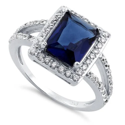 Sterling Silver Blue Sapphire Rectangular Halo CZ Ring