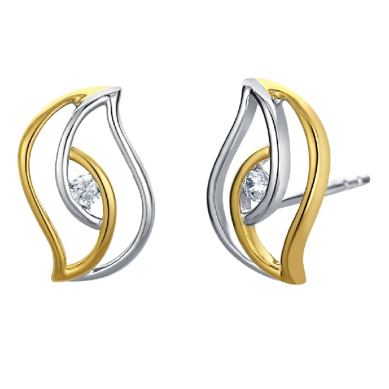 Two-Tone Sterling Silver Cubic Zirconia Double Swirled Teardrop Earrings