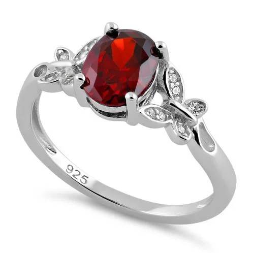 Sterling Silver Double Butterfly Dark Garnet Center Stone CZ Ring