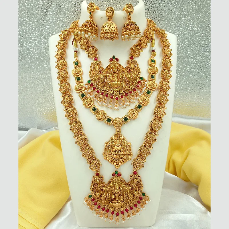 Joyful Jewel Art Matte Gold Plated Pota Stone Long Temple Necklace Combo