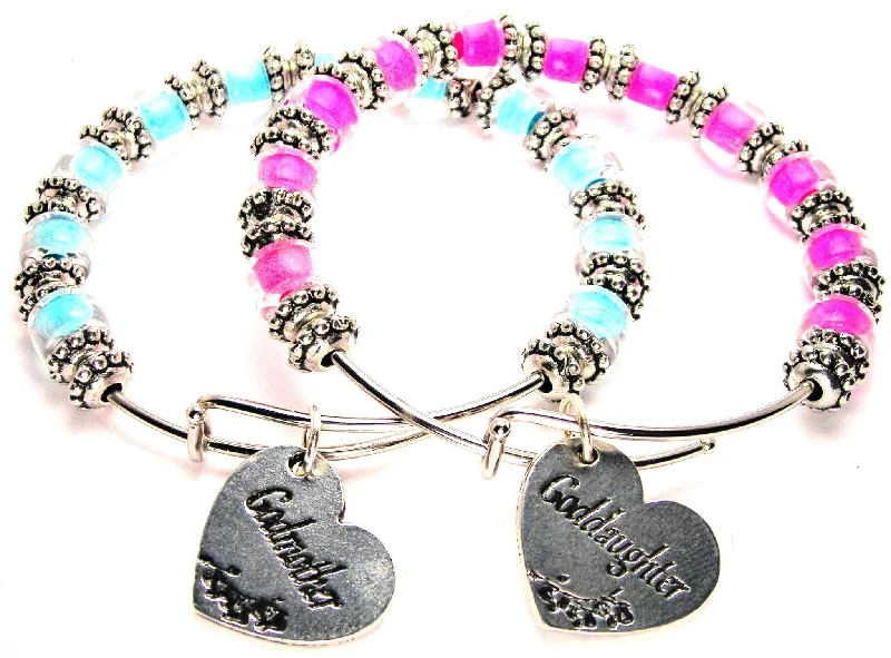 Godmother And Goddaughter Gift Set Of Two Glass Beaded 9mm Bracelets in Aqua Blue And Hot Pink