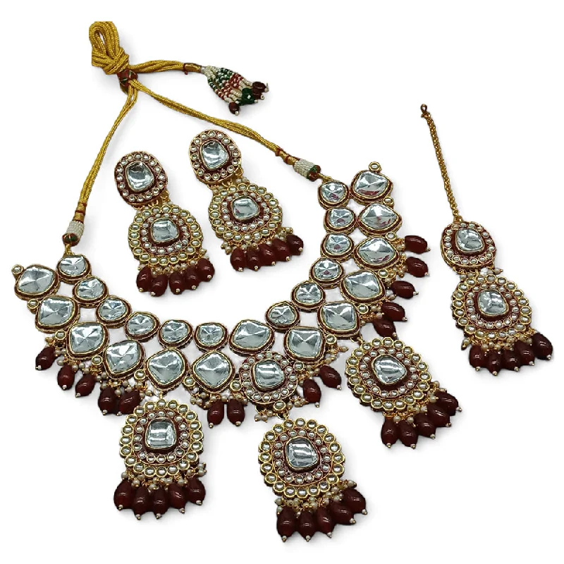 Gehana Mahal Gold Plated Kundan Crystal Stone And Beads Necklace Set